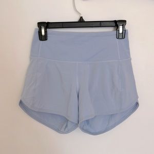 Lululemon light blue speed up shorts, size 2. Lightly worn and in great shape!